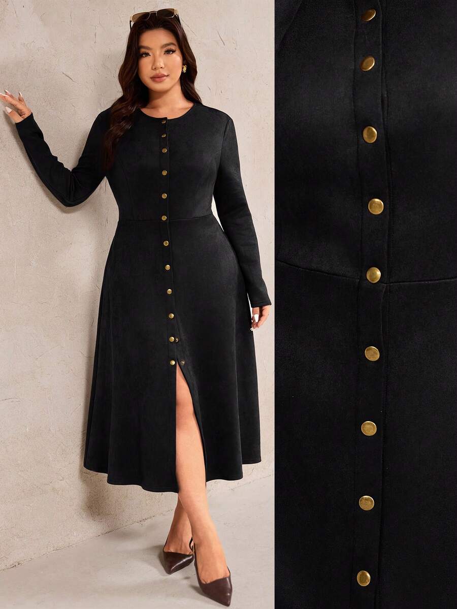 Elegantrix 秋冬季女士优雅圆领单排扣长袖A字开衩棕色连衣裙 - 黑色 - 查看 1