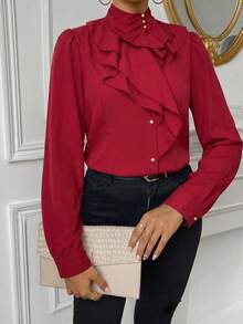Firerie Blusa de mujer con cuello de jabot y mangas abullonadas, de unicolor, adecuada para el trabajo y el transporte, primavera/otoño - Rojo - Ver 4