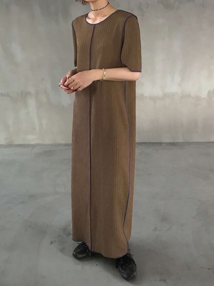 FRIFUL 女士休闲日常通勤撞色缝线开衩下摆宽松连衣裙，夏季 - 咖啡棕 - 查看 1