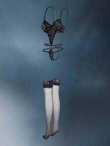 女士性感撞色蕾丝镂空连体衣搭配渔网袜内衣外衣外出