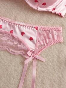 Eraneu 5pcs/Set Valentine's Day Satin Floral Contrast Lace Underwire Lingerie Set Cute Underwear Set Butterfly Lingerie Set Kawaii Lingerie Strawberry Lingerie Birthday Lingerie Set - Pink - View 5