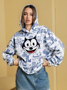 Felix The Cat X SHEIN Áo sweatshirt nữ dáng rộng in họa tiết toàn thân, vai rớt, thích hợp cho mùa thu. - Màu xanh lam - Xem 6