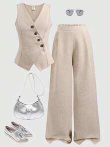 SHEIN Tween Girl Casual Elegant Commute Street Fashion Solid Color Cross Collar Oblique Placket Button Sleeveless Vest Top With Straight Leg Pants Set, Back To School, Daily Wear