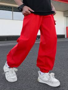 SHEIN 男童休闲日常舒适贴袋抽绳腰宽松纯色梭织裤，适合春夏季节穿着，日常穿着、运动、郊游、上学、聚会、节日、拍照等场合，也适合生日派对、晚宴、演出、婚礼、洗礼、开幕式等。适合日常穿着，适合上学、旅行、运动，适合春夏季节。 - 紅色 - 查看 5