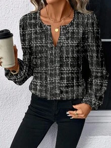 EMERY ROSE Camisa de mujer casual y elegante con estampado de tweed y cuadros, adecuada para otoño/invierno, combinable, para exteriores, citas, fiestas, trabajo y uso diario, con estilo - Multicolor - Ver 3