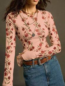 SoleilVie Áo thun dài tay cổ tròn in hoa mới mùa xuân hè, kiểu dáng retro, vintage, đa năng, phù hợp mặc đi làm, chất liệu mềm mại, thân thiện với da, thích hợp mặc ngoài trời, áo thun nữ in hình họa tiết Valentine. - Bụi hồng - Xem 3