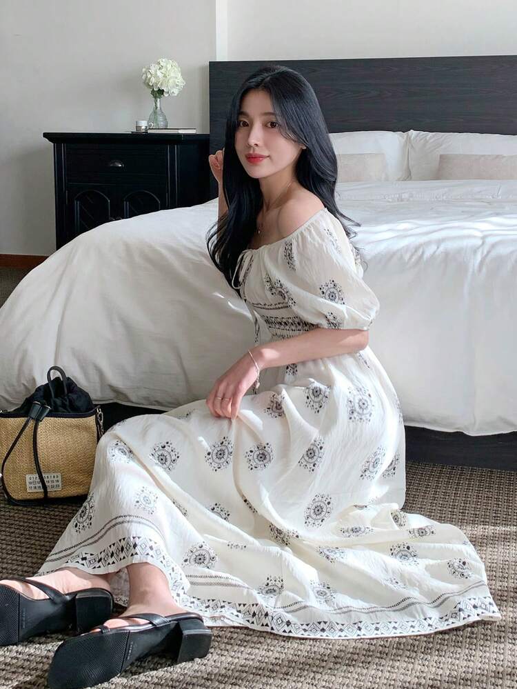 Women's Off-Shoulder Loose Waist Full Print Midi Dress, Boho Style Summer Sundress Floral Dresses For Women