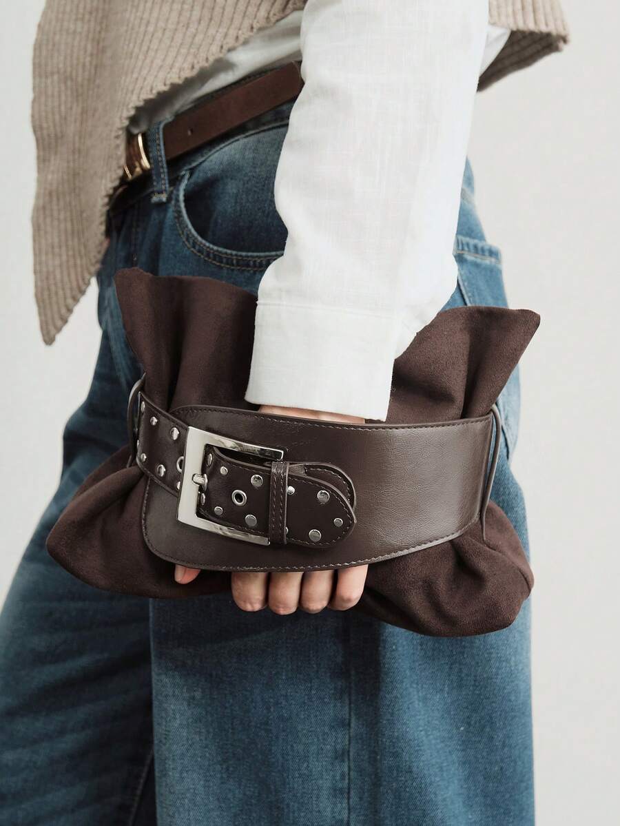 SHECARRY Ladies' Stylish Soft Clutch With Belt Buckle Trim Details - Coffee - View 1