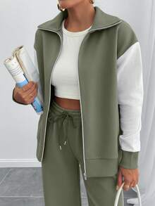 EURMUSE 女士撞色高领拉链细节卫衣和运动裤 - 軍綠色 - 查看 8