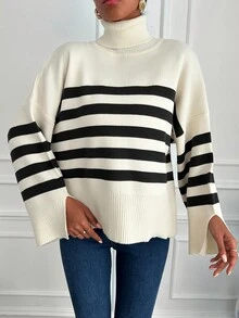 EURMUSE Striped Pattern Turtleneck Drop Shoulder Split Hem Jumper - Beige - View 5