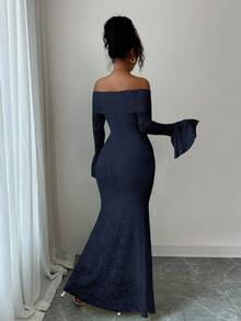 Rafferiza Elegant Fashion Young Minimalist Versatile Fitted Off-Shoulder Flared Sleeve Mermaid Midi Dress For Women, Autumn - Navy Blue - View 2