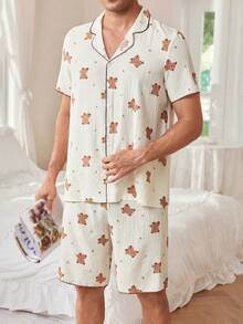 2 件套星月熊印花纱布领男士睡衣套装