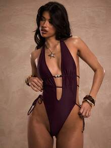 SHEIN BAE 女士性感露背系带连体泳衣，简约纯色，海滩度假风，夏季 - 紫色 - 查看 5