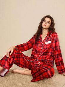 Classic British Plaid Open Front Lapel Casual Women Pajama Set, Long Sleeve & Long Pants, Suitable For Outerwear - Red - View 5
