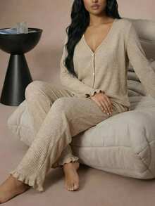 Lazeform Soft Rib Knit Frill Trim Front Button Decor Romantic Elegant Loungewear Pajama Set V Neck Lounge Wear Knit Pajama Set Long Sleeve Lounge Set - Apricot - View 5