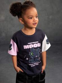 SHEIN How to Train Your Dragon Young Girl Casual Contrast Color Letter & Dragon Pattern Short Sleeve T-Shirt, Summer - Black - View 5