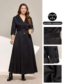Momelise Plus Size Women Solid Color Lapel NeckRoll-Up Sleeve Single-Breasted Elegant Dress - Black - View 1