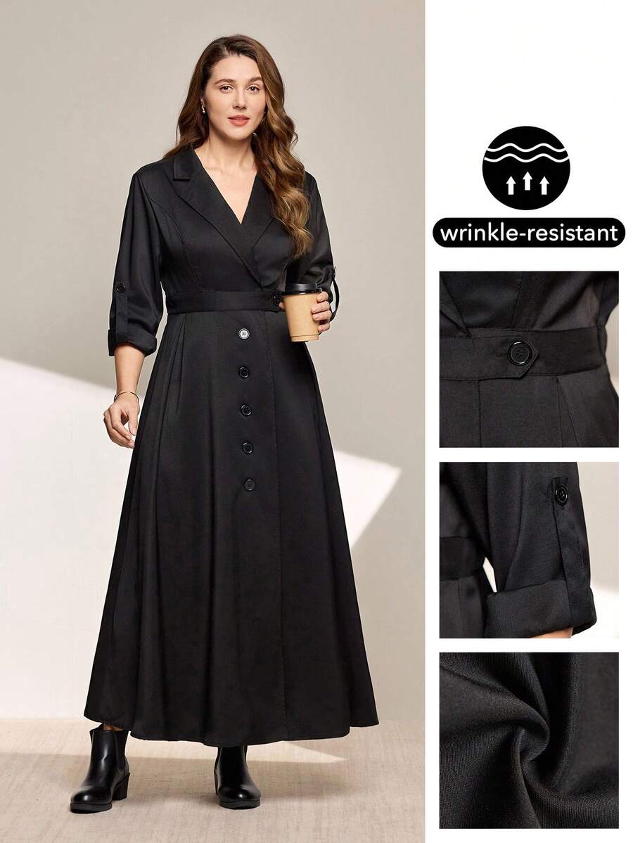 Momelise Plus Size Women Solid Color Lapel NeckRoll-Up Sleeve Single-Breasted Elegant Dress - Black - View 1