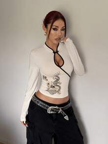 StreetHx Women's Apricot New Chinese Style Button Decor Dragon Print Slim Fit Comfortable Streetwear Y2K Retro 2000s Style Stand Collar Long Sleeve T-Shirt - White - View 5