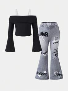 Easowa Young Girl Leopard Print Mesh Off Shoulder Flared Long Sleeve Crop Top With Solid Black Flared Leg Pants 2 Pieces Set, Casual& Elegant Everyday Wear, Girls Leopard Outfit Little Girl Black Outfit Cheetah Print Top Kids Kids Leopard Top Girls Black Flare Pants