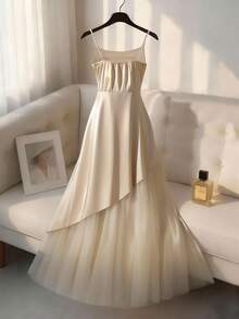 Franclia 女士优雅吊带垂褶领口腰部褶皱多层网纱下摆连衣裙 - 香檳色 - 查看 2