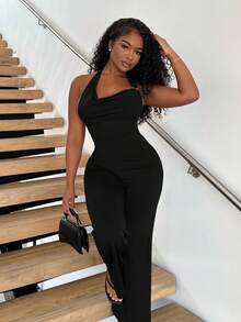 Alexandranx Women's Sexy Metal Decor Solid Color Spaghetti Strap Sleeveless Jumpsuit, Slim Fit For Casual Commute Daily, Summer - Black - View 1