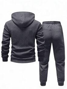 Manfinity Homme Bộ áo hoodie và quần ống rộng nam, vải jacquard họa tiết hình thoi màu trơn, thiết kế nhãn mác chi tiết, bộ đồ thể thao thường ngày, phong cách tối giản phù hợp mặc ở nhà, đi làm, mùa thu/đông. - Màu xám đen - Xem 2
