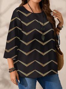 EMERY ROSE Blusa feminina plus size casual com estampa total, gola redonda e mangas 3/4, blusa feminina casual outono/inverno listrada em preto e branco, blusa feminina casual listrada, blusas casuais plus size. - Multicolorido - Ver 7