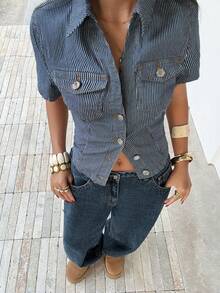 SHEIN PETITE 女士宽松版型带口袋阔腿休闲牛仔裤 - 藍色 - 查看 4