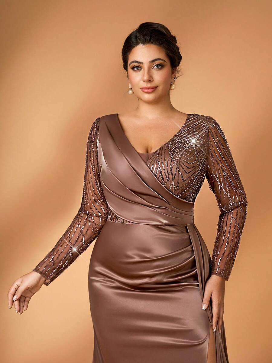 Serin 大码优雅浪漫香槟色深V奢华亮片拼接高弹力褶皱腰部美人鱼裙摆开衩连衣裙，适合婚礼、派对、庆典、正式晚宴（重工装饰设计）