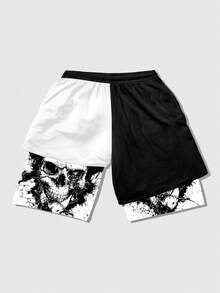 ROMWE MEN Goth Contrast Color Elastic Waist Drawstring Casual Summer Versatile Shorts - Multicolor - View 2