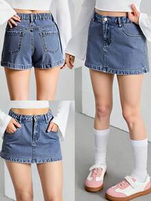 Tween Girls Y2K Style Denim Skort,Fashionable Blue Washed Summer Casual School Back-To-School Versatile Asymmetric Jean Shorts With Elastic Waistband - Dusty Blue - View 1