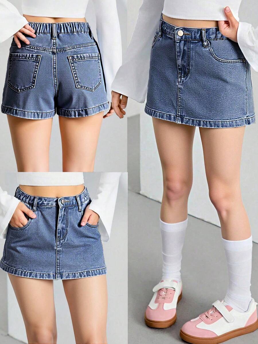 Tween Girls Y2K Style Denim Skort,Fashionable Blue Washed Summer Casual School Back-To-School Versatile Asymmetric Jean Shorts With Elastic Waistband - Dusty Blue - View 1