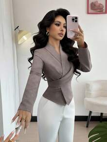 Elenzga Áo cánh nữ tay dài cổ bẻ màu trơn, họa tiết cà vạt, mặc đi làm ngoài trời, mùa thu/đông/xuân - Màu Khaki - Xem 1