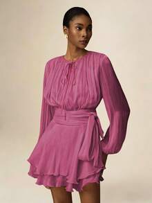 Vesra 杏色系带长袖荷叶边下摆设计女式短款连衣裙 - 中紫紅色 - 查看 6