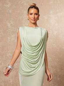 Lumalex Elegant Sage Green Summer Party Dress For Women,High-End Knitted Ruched Draped Waist Fitted Slim Luxury Gala Night Wedding Prom Graduation Gown - Olive Green - View 7