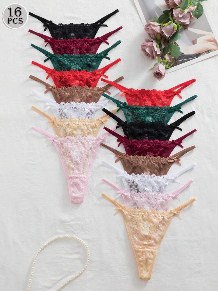 16 قطعة/مجموعة من السراويل الداخلية الرومانسية والجذابة للنساء من الدانتيل، بألوان متنوعة - متعدد الألوان - مشاهدة 2