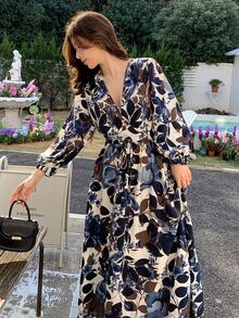 DAZY Women's Floral Print V-Neck Long Sleeve Mid-Length Dress Sundress - Baby Blue - View 6