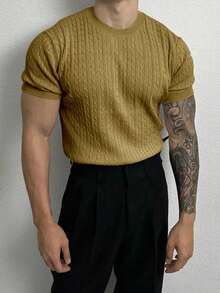 Manfinity Homme Áo thun nam tay ngắn dệt kim màu trơn thời trang thường ngày - Màu Mù tạt vàng - Xem 4