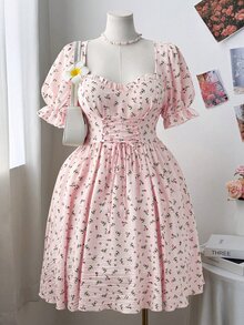 Flirla Đầm midi dáng rộng dành cho nữ, họa tiết hoa nhí, cổ tim, tay phồng, thắt eo, thích hợp cho kỳ nghỉ hè. - Hồng - Xem 1