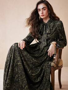 Revavyn 女士复古印花系带收腰修身优雅长袖连衣裙，秋季女装，秋季穿搭，优雅连衣裙 - 彩色 - 查看 11