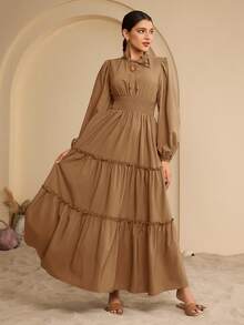 Graceveil Đầm chữ A dài thêm cho nữ, có bèo nhún ở gấu và thắt eo. - Màu Khaki - Xem 4