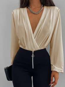 EURMUSE Cotton Solid Surplice Neck Lantern Sleeve Blouse - Apricot - View 3