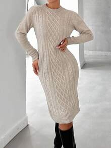 EURMUSE Cable Knit Sweater Dress Without Belt - Beige - View 3