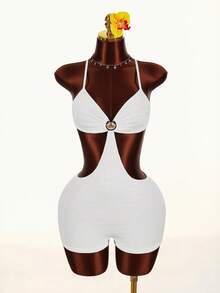 Amplova Women's Avant-Garde Backless Metallic Shell Decor Halter Top Bikini Two Piece Set Shorts Bathing Suit,All White,Summer,Cow Boy,Gym - White - View 5
