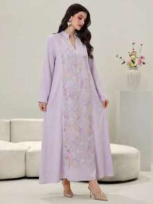 Al Najma Đầm maxi thêu, dệt jacquard, đính cườm - Áo dài truyền thống Thổ Nhĩ Kỳ và Ả Rập dành cho phụ nữ - Màu tím hoa cà - Xem 3