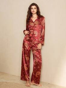 Bộ đồ ngủ nữ cỡ tiêu chuẩn với cổ áo ve lật, tay dài và quần dài, thoải mái khi mặc ngoài trời. - Đỏ - Xem 6