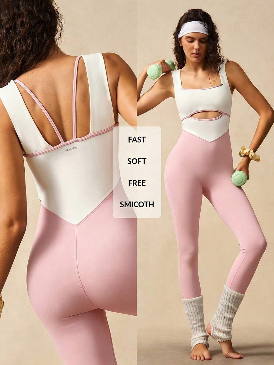VARSIVA Mono sin mangas elástico con bloques de color y diseño hueco para mujer de verano - Rosa - Ver 1