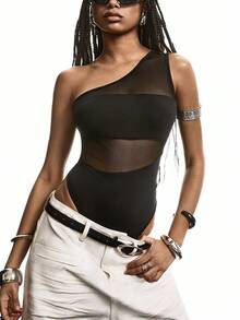 LYSMO Women Fashion Solid Color See-Through Asymmetrical Neck Bodysuit - Black - View 1