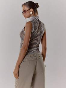 MUSERA 高领印花网纱修身荷叶边下摆吊带背心，性感外出，秋季夜生活，可爱街头风，适合派对、优雅节日、春夏节庆等场合。 - 奶油色 - 查看 2